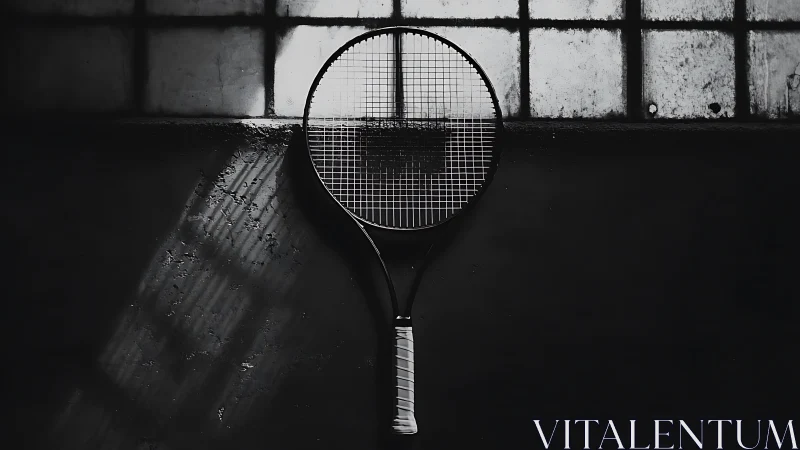 Solitary tennis racket rests in stark window light.