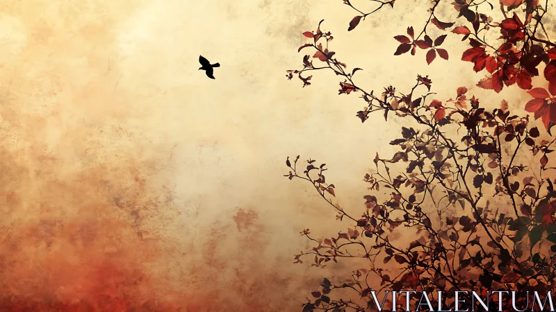 Autumn Silhouette with Flying Bird and Warm Vintage Texture.