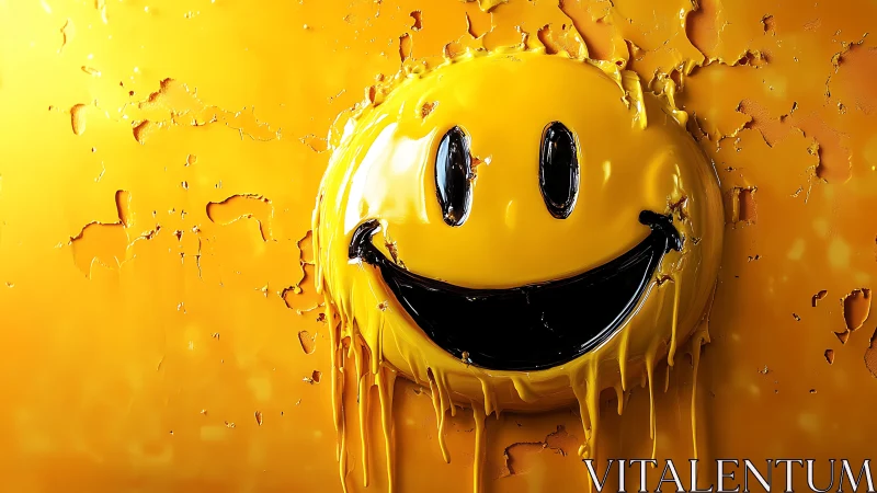 Melted yellow smiley face drips on glossy painted wall.