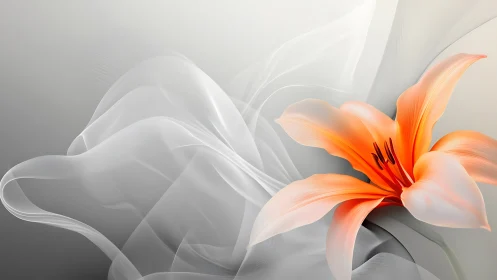 Orange lily flower with flowing translucent fabric forms.