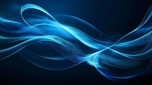 Luminous blue energy waves flow across dark abstract space