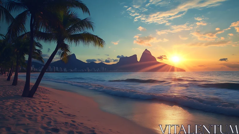 Golden sunset glow over a peaceful tropical city beach.