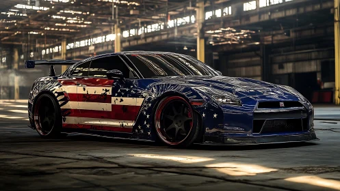 Patriotic street beast prowls through a sunlit urban hangar.