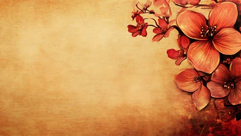 Red Flowers Dance Across Warm Gold Canvas Background.