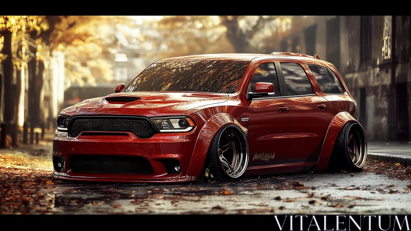 Stanced red SUV dominates autumn city street scene.