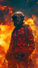 Flame-wreathed tactical warrior strides through roaring inferno.