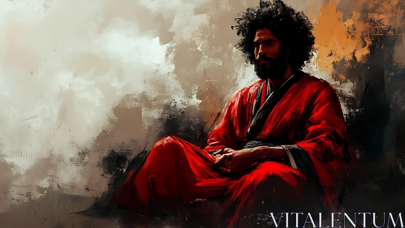 Solitary man in red robe seated against muted backdrop.