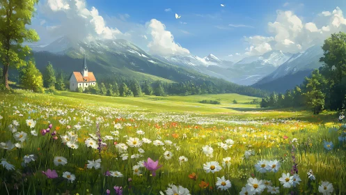 Meadow hymns beneath alpine peaks and a sunlit chapel.