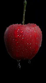 Single red cherry covered in water droplets against black background