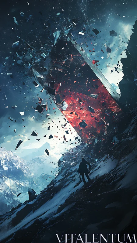 Solitary figure confronts shattering monolith above icy slope