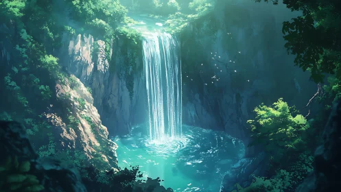 Sunlit emerald waterfall cascades into secluded forest pool.