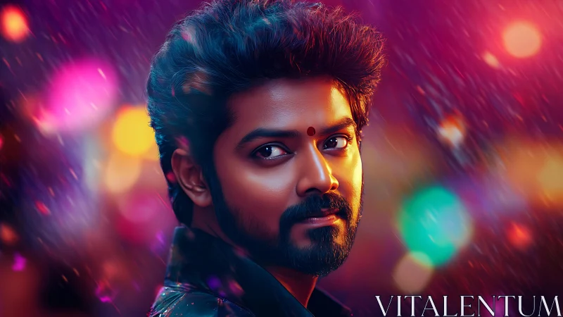 Digitally rendered portrait uses neon bokeh, rim lighting, glossy skin shading