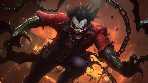 Masked figure advances through chains amid burning urban backdrop