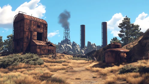 Rusty industrial ruins stand in a dry, grassy landscape