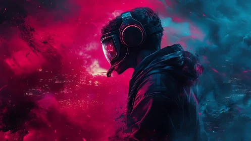 Gamer in headset against neon city split by red and blue.