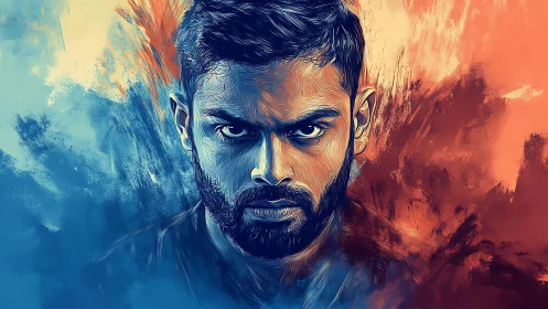 Intense male portrait splits across blue and orange energy