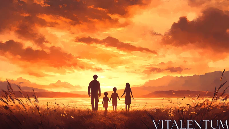 Silhouetted family observes a luminous lake sunset horizon
