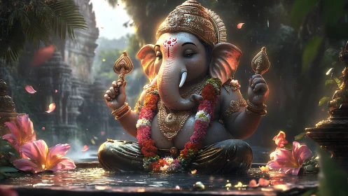 Serene Ganesha idol in lush temple pool with falling petals.
