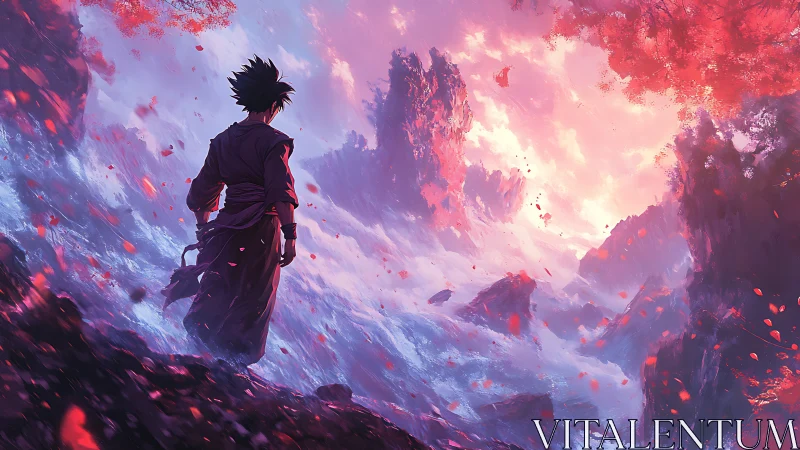 Lone warrior surveys stormlit canyon of crimson blossoms.