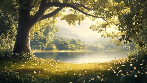 Sunlit lakeside meadow under sprawling oak canopy at dawn.