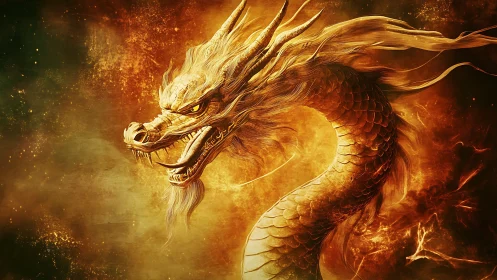 Golden dragon coils through blazing cosmic firestorm