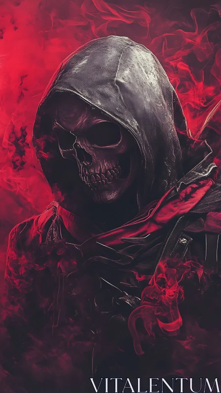 Hooded skeletal reaper emerges through swirling crimson smoke.
