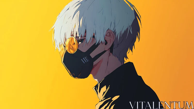 Masked anime profile renders stark contrast against warm gradient