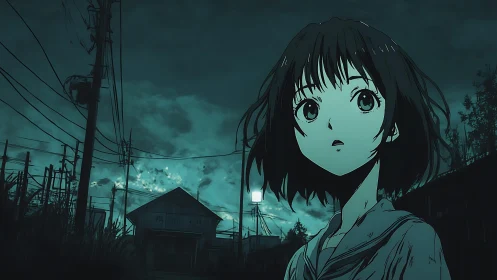 Midnight powerlines and a wide eyed wanderer in teal hush.