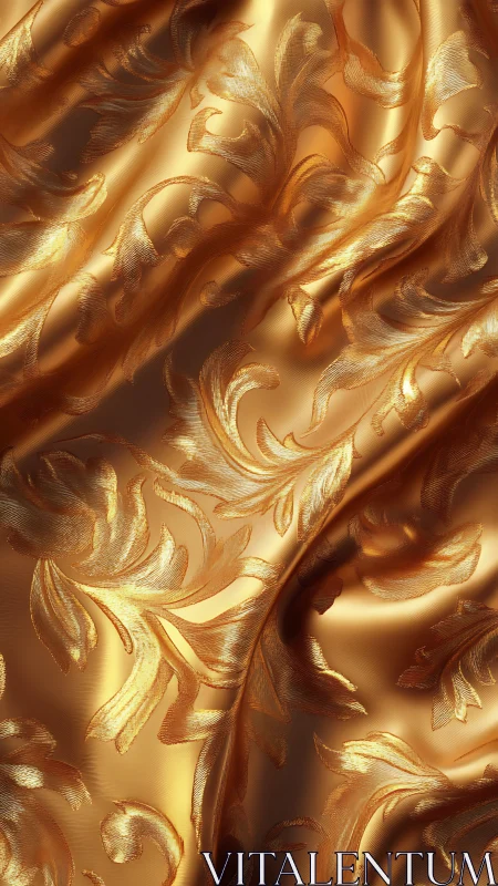 Gold satin textile with baroque floral jacquard pattern.