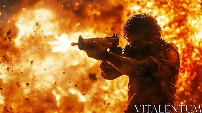 Silhouetted Gunman Against Explosive Inferno.