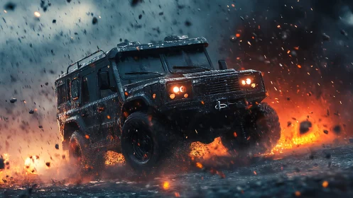 Armored off-road truck storms through fiery apocalyptic terrain