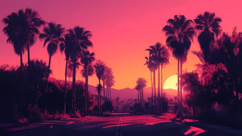 Neon palms escort the sun down a candy-colored boulevard