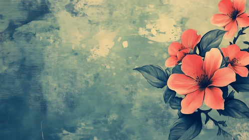 Coral Flowers on Weathered Turquoise Canvas.