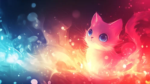 Luminous Cat Emerging Through Chromatic Light Cascade.