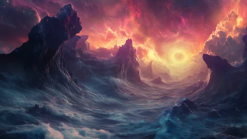 Digital seascape renders turbulent waves and luminous vortex