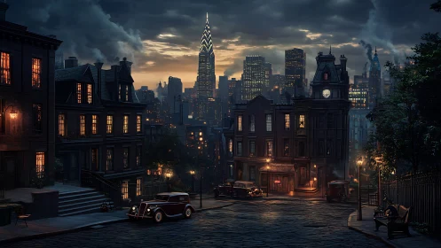 Twilight cobblestones cradle a dreaming art deco skyline