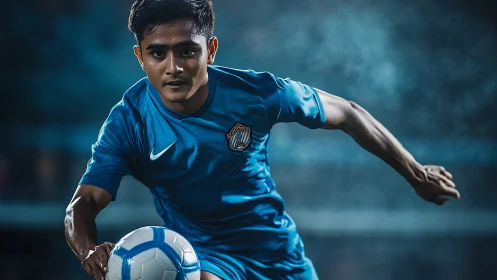 Focused soccer player in blue jersey driving ball forward.