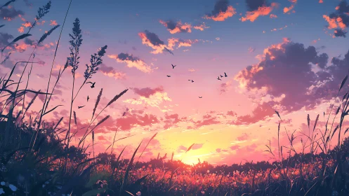 Sunset sky over grassy field with silhouetted wild plants.