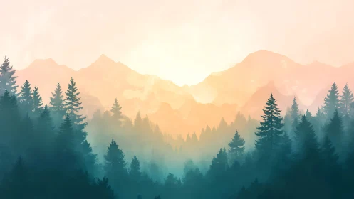 Misty Mountains Rise: Ancient Pines Guard Valleys in Soft Light.