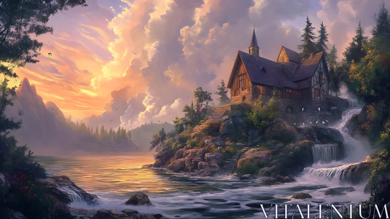 Timbered riverside chapel above cascading alpine waterfall