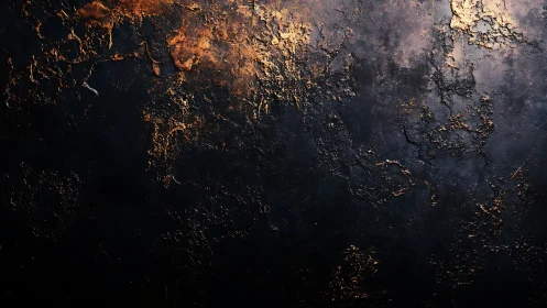 Dark textured surface with scattered gold metallic accents.