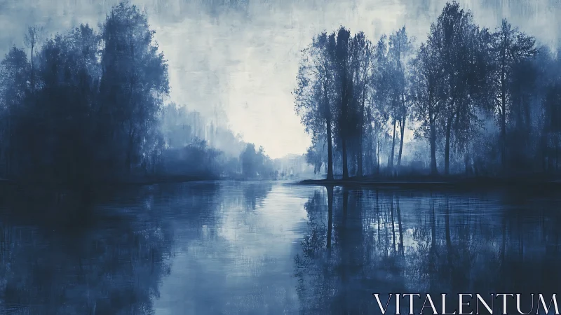 Misty blue river mirrors tall trees in quiet dawn light