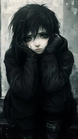 Solitary youth in dark coat gazes out with haunted eyes.