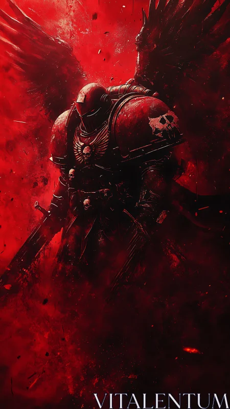 Digital painting of a crimson armored angelic warrior silhouette.