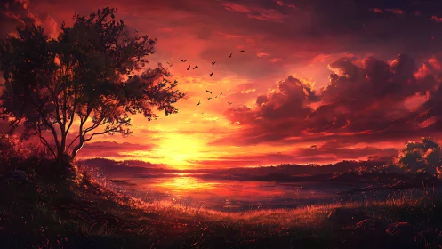 Digital sunset landscape depicts tree, water and cloud formations