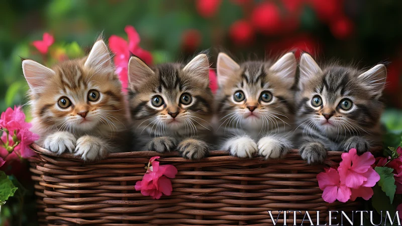 Five Tabby Kittens in Wicker Basket with Pink Flowers.