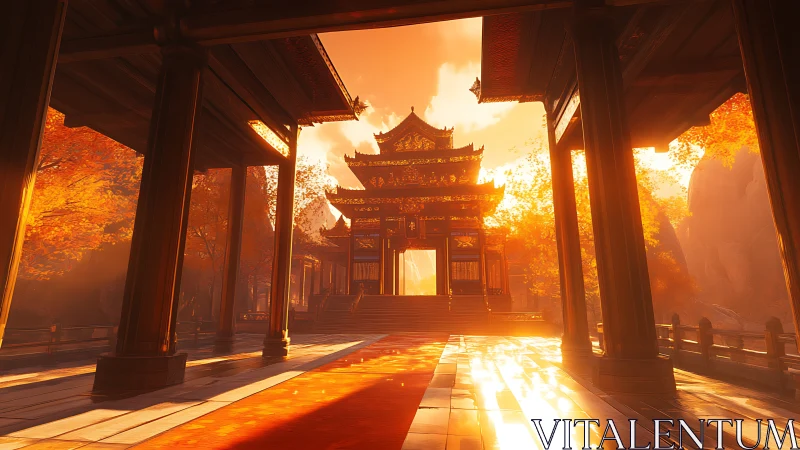 Sunlit autumn temple gate with cinematic volumetric lighting.
