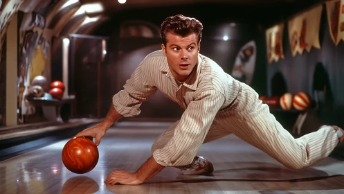 Retro bowler lunges across lane in dramatic vintage style