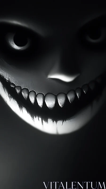 Monochrome predatory grin with high-contrast volumetric lighting.