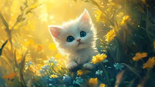 Celestial Kitten Surrounded by Golden Blossoms.